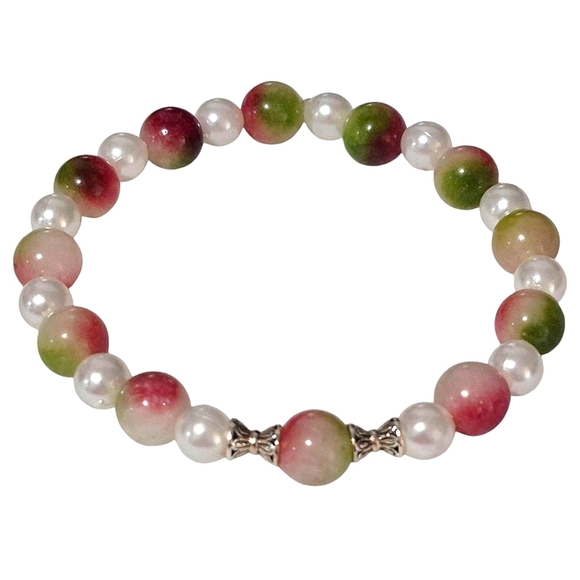 Handcrafted Watermelon Tourmaline and Faux Pearl One Of A Kind Bracelet - Picture 3 of 3